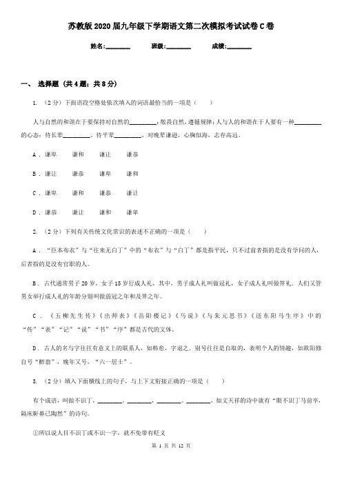 苏教版2020届九年级下学期语文第二次模拟考试试卷C卷