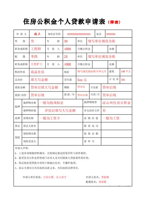 住房公积金人贷款申请表(样表)