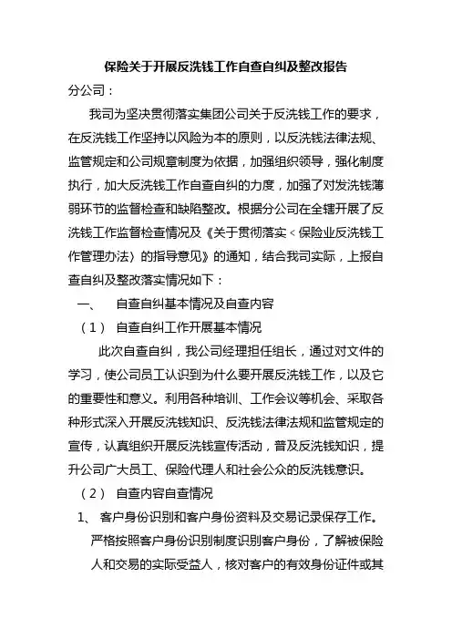 保险关于开展反洗钱工作自查自纠及整改报告