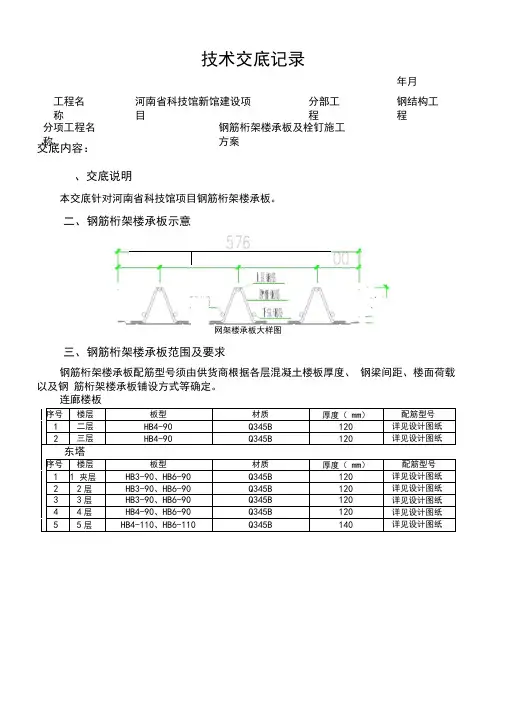 钢结构钢筋桁架楼承板及栓钉施工方案