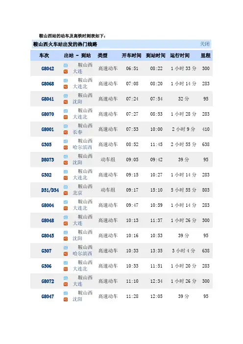 鞍山西站的动车及高铁最新时刻表如下