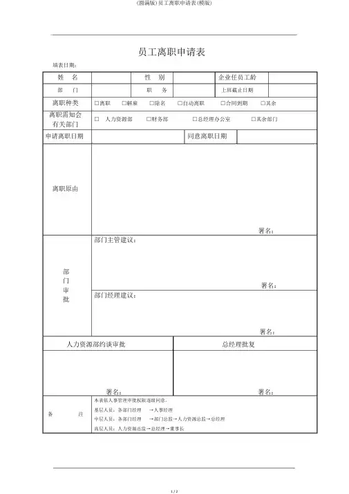 (完整版)员工离职申请表(模版)
