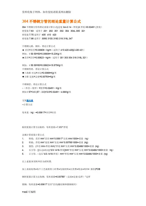 304不锈钢方管的理论重量计算公式word版本