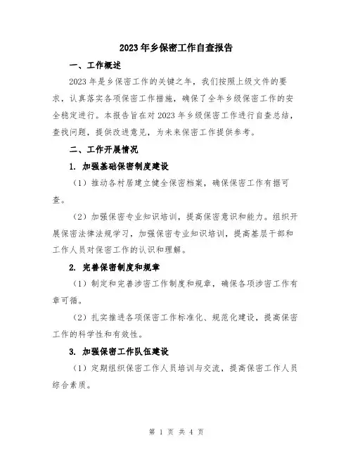 2023年乡保密工作自查报告