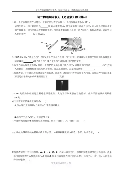 苏科版八年级上册物理第三章《光现象》期末复习综合练习