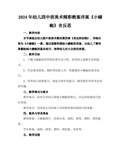 2024年幼儿园中班美术精彩教案详案《小蜻蜓》含反思