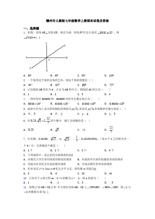 赣州市人教版七年级数学上册期末试卷及答案