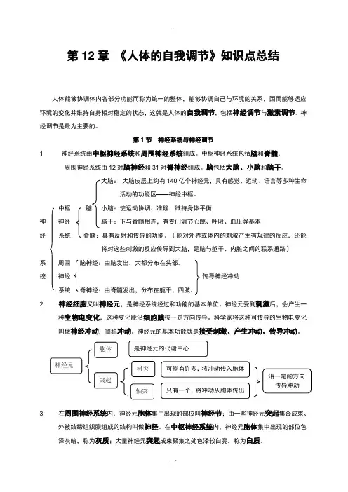 北师大版生物第12章-《人体的自我调节》知识点总结