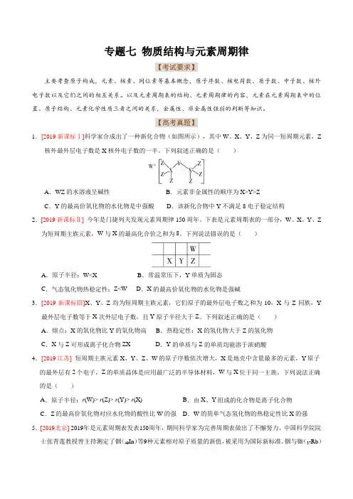专题七  物质结构与元素周期律  -2020年高考化学二轮复习分题型强化专练(原卷版)