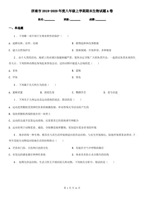 济南市2019-2020年度八年级上学期期末生物试题A卷(模拟)