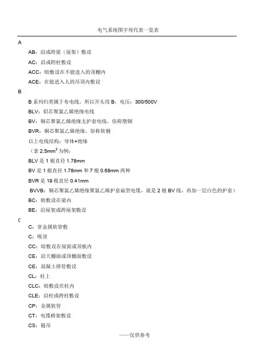 电气系统图(字母代表一览表)