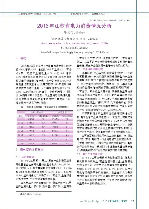 2016年江苏省电力消费情况分析