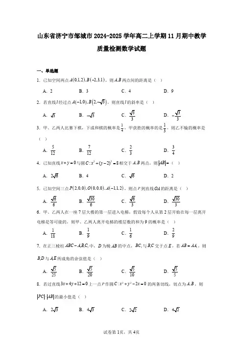 山东省济宁市邹城市2024-2025学年高二上学期11月期中教学质量检测数学试题