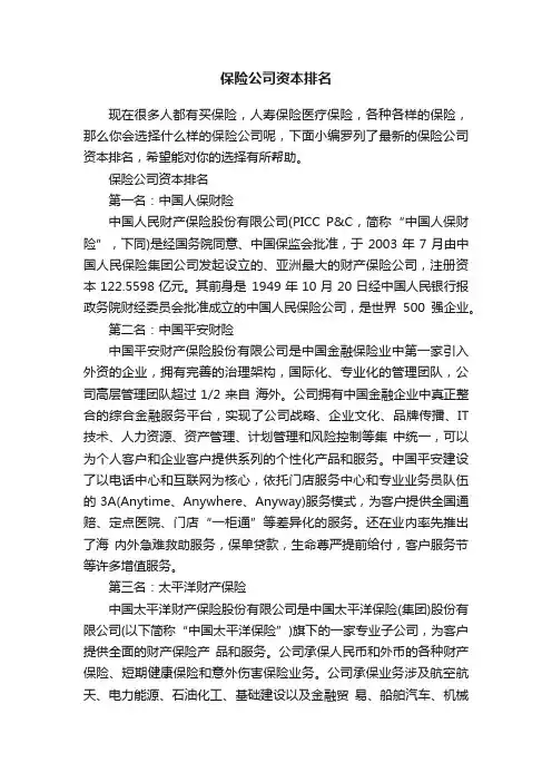 保险公司资本排名