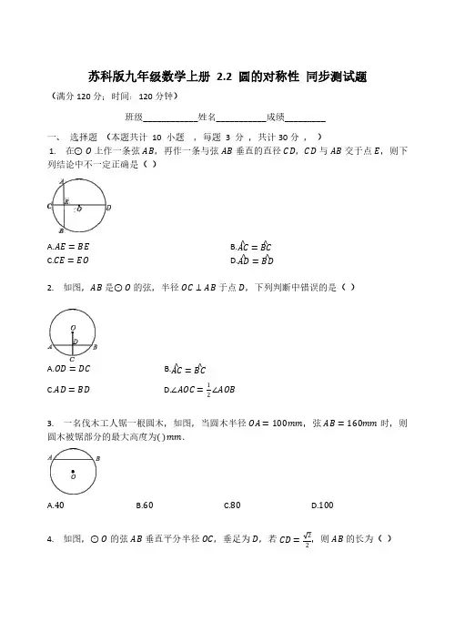 苏科版九年级数学上册 2.2 圆的对称性 同步测试题