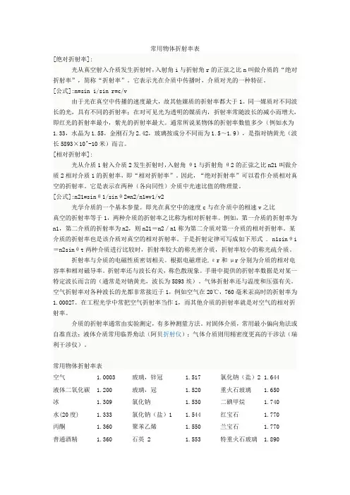 常用物体折射率表资料