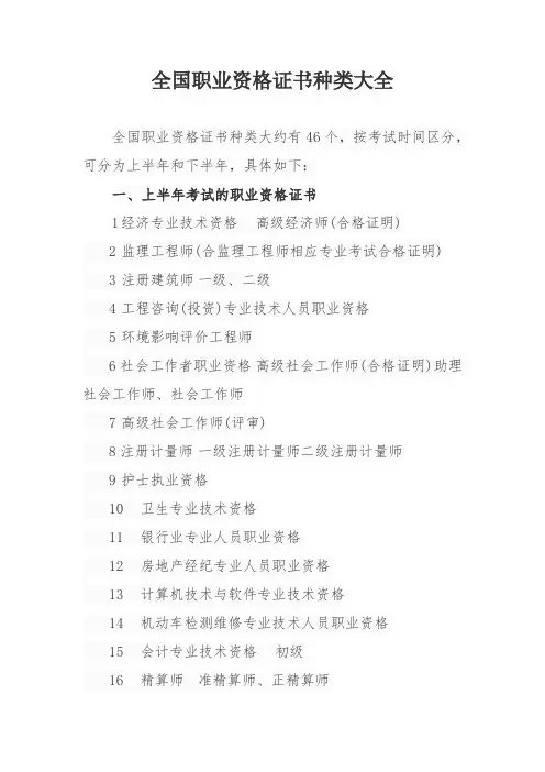 全国职业资格证书种类大全