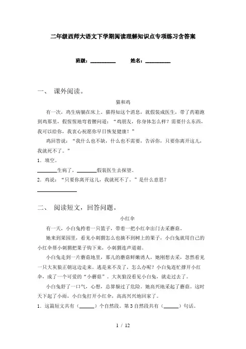 二年级西师大语文下学期阅读理解知识点专项练习含答案