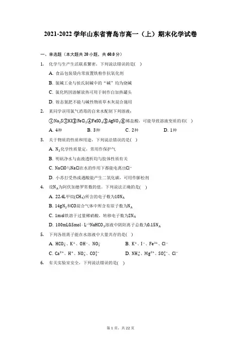 2021-2022学年山东省青岛市高一(上)期末化学试卷(附答案详解)