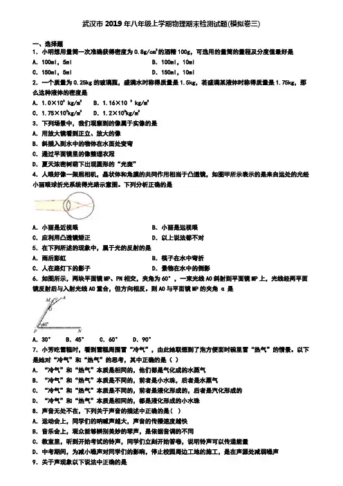 武汉市2019年八年级上学期物理期末检测试题(模拟卷三)