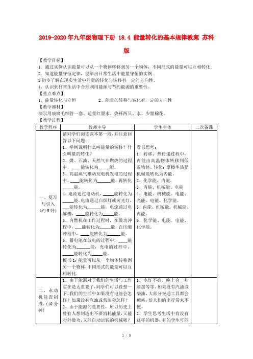 2019-2020年九年级物理下册 18.4 能量转化的基本规律教案 苏科版