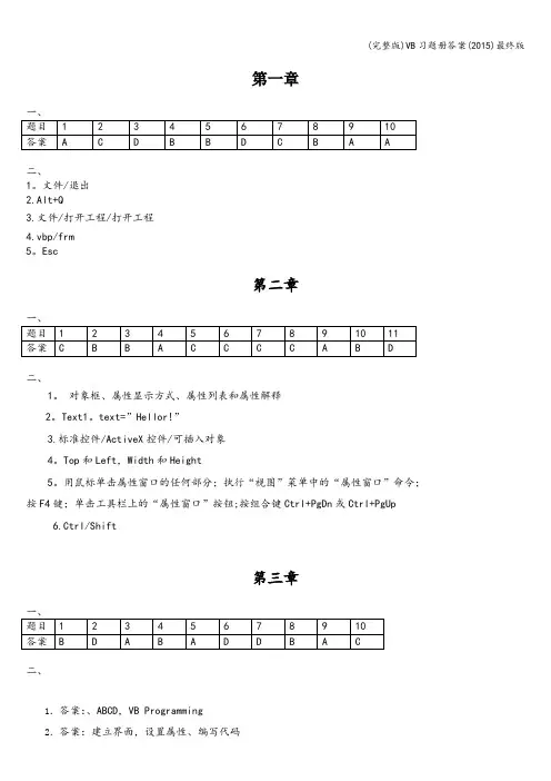 (完整版)VB习题册答案()最终版