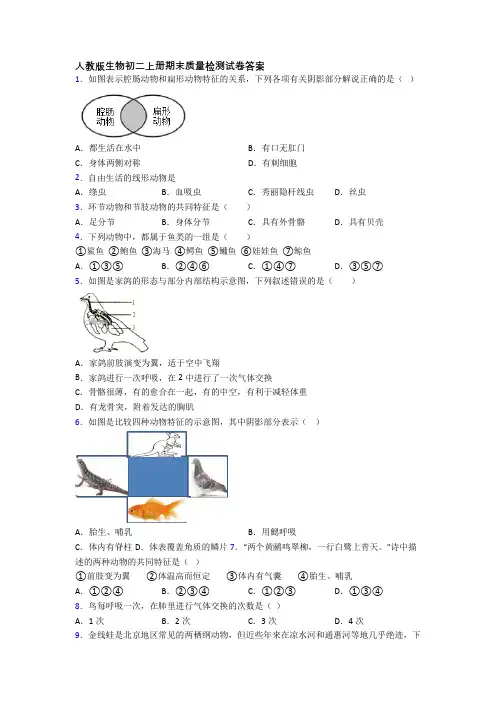 人教版生物初二上册期末质量检测试卷答案