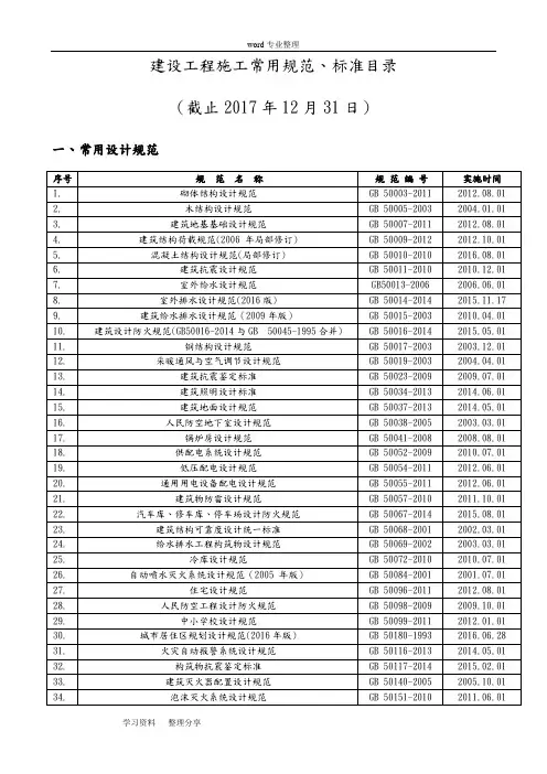 建设工程施工常用规范2018