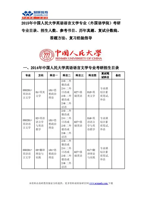 2015中国人民大学英语语言文学专业(外国语学院)考研专业目录招生人数参考书目历年真题复试分数线答题方法