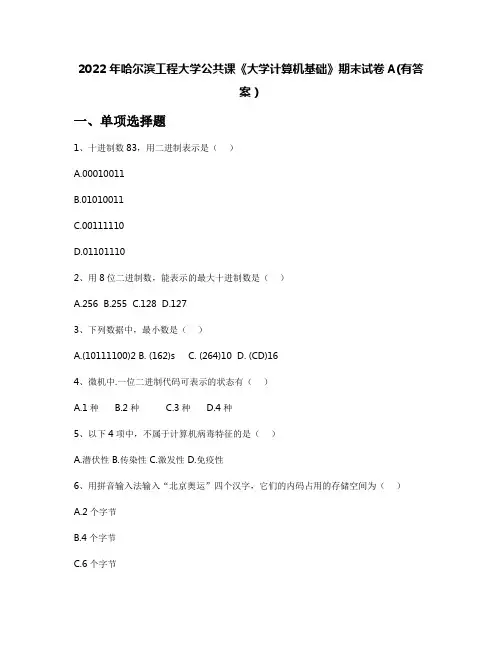 2022年哈尔滨工程大学公共课《大学计算机基础》期末试卷A(有答案)