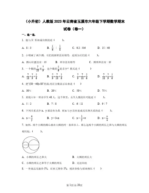 (小升初)人教版2023年云南省玉溪市六年级下学期数学期末试卷(卷一卷二)含答案