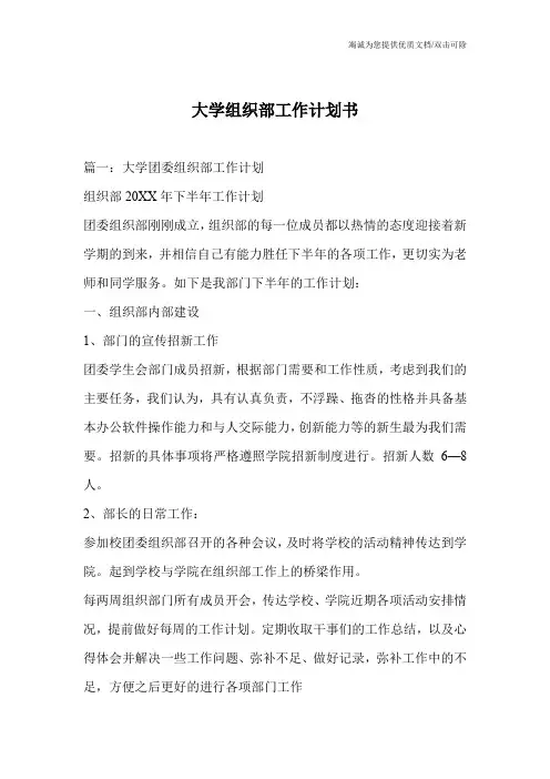 大学组织部工作计划书