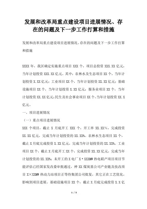 2019年发展和改革局重点建设项目进展情况、存在的问题及下一步工作打算和措施