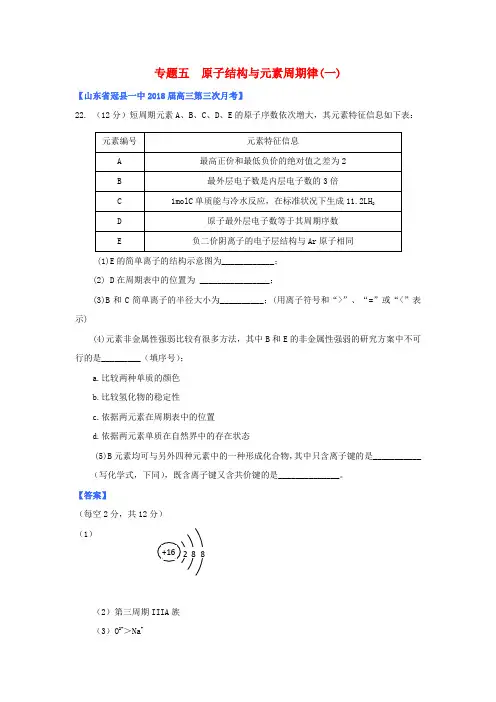 山东省2018年高考化学 各地市最新试题分类大汇编5 专题五原子结构与元素周期律(一) 精品