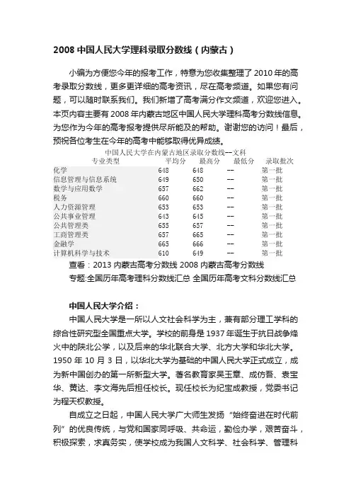 2008中国人民大学理科录取分数线（内蒙古）