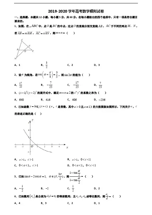 2019-2020学年广东省梅州市高考数学统考试题