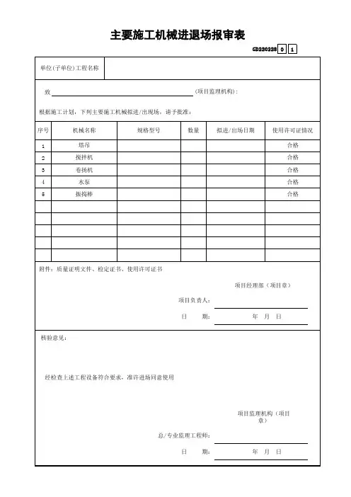 主要施工机械进退场报审表格式及填写范例