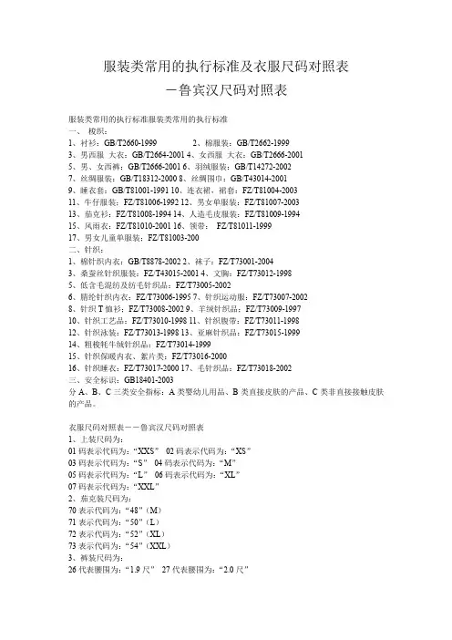 服装类常用的执行标准及衣服尺码对照表--鲁宾汉尺码对照表