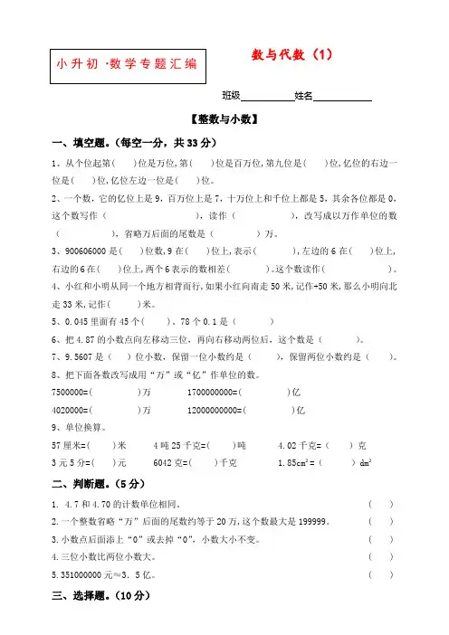 人教版小升初数学专项训练：专题数与代数(答案)