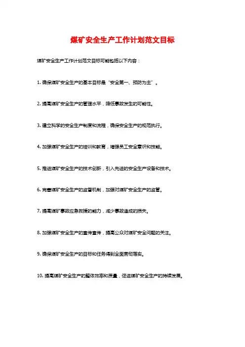 煤矿安全生产工作计划范文目标