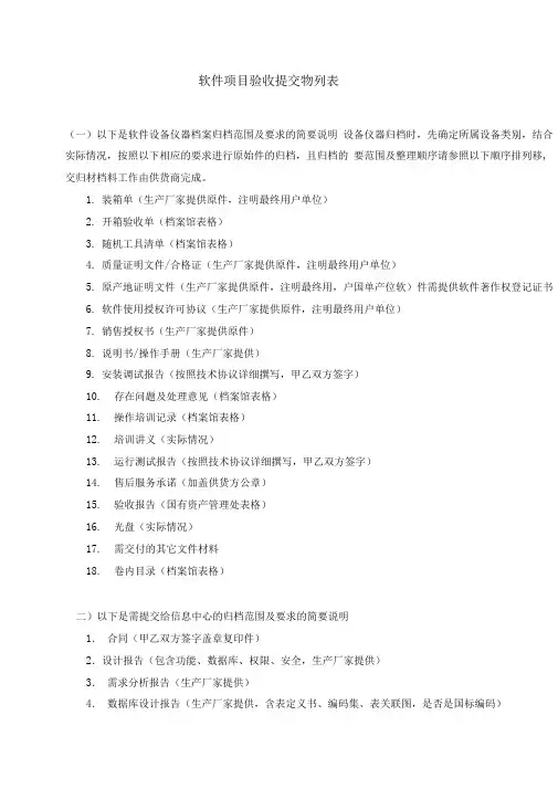 软件项目验收提交物列表