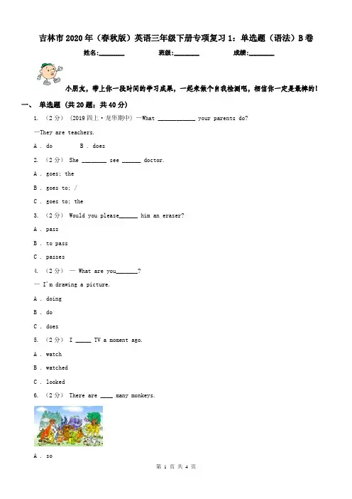 吉林市2020年(春秋版)英语三年级下册专项复习1：单选题(语法)B卷