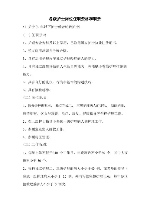 各级护士岗位任职资格和职责