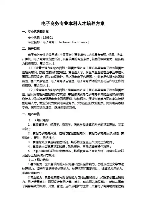 电子商务专业本科人才培养方案(含两个方向)