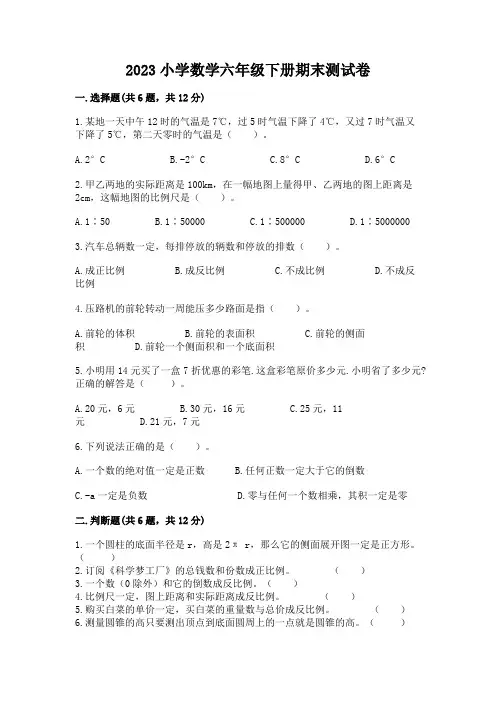2023小学数学六年级下册期末测试卷含答案(a卷)