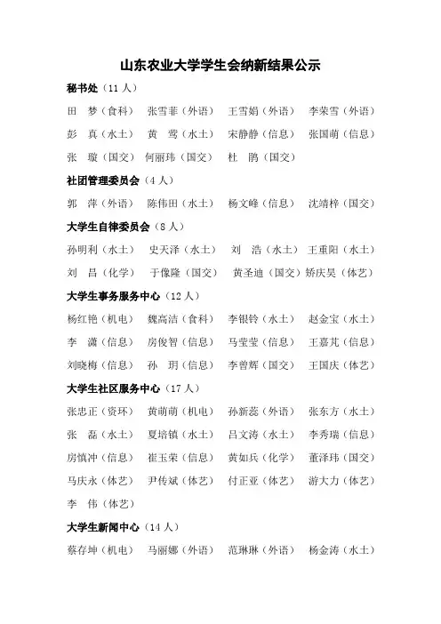 山东农业大学学生会纳新结果公示