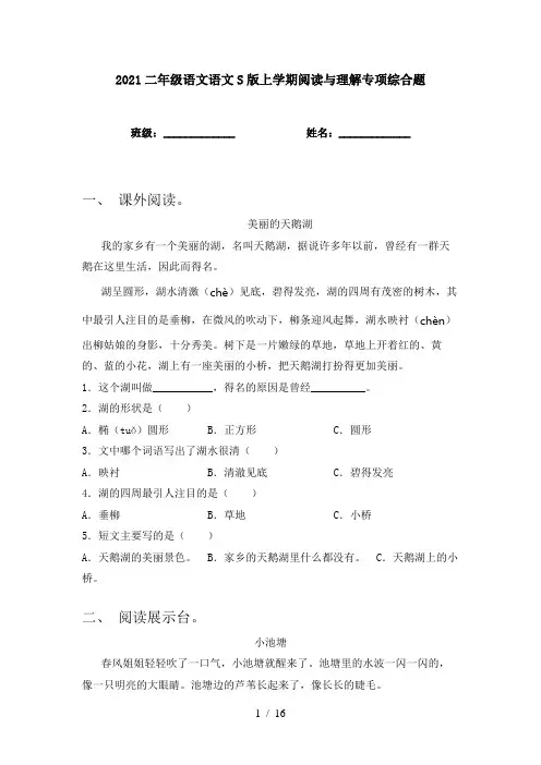 2021二年级语文语文S版上学期阅读与理解专项综合题