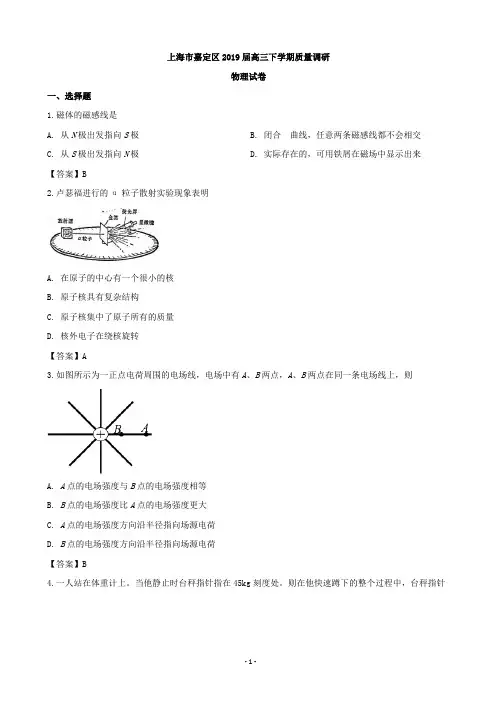 2019届上海市嘉定区高三下学期质量调研(二模)物理试题