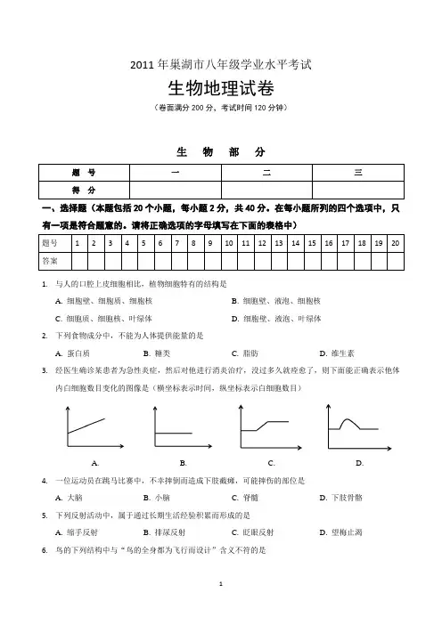 2011年安徽巢湖中考生物地理试题及答案(打印版)