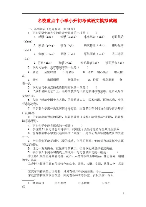 上海市徐汇区向阳小学小升初语文模拟试题(共5套)详细答案